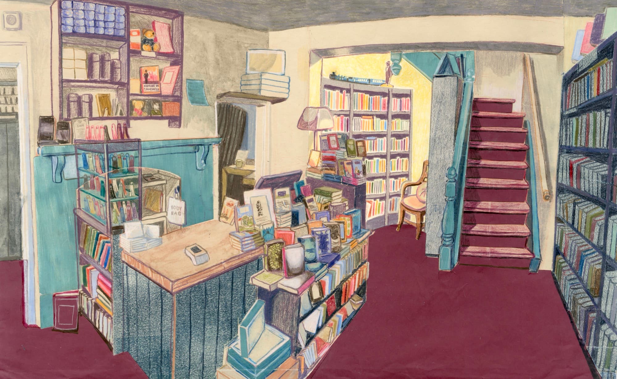 Part of a series of drawings of rooms in local independent libraries in Cambridge