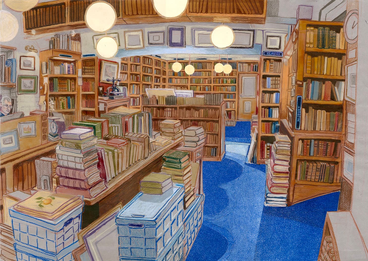 Part of a series of drawings of rooms in local independent libraries in Cambridge