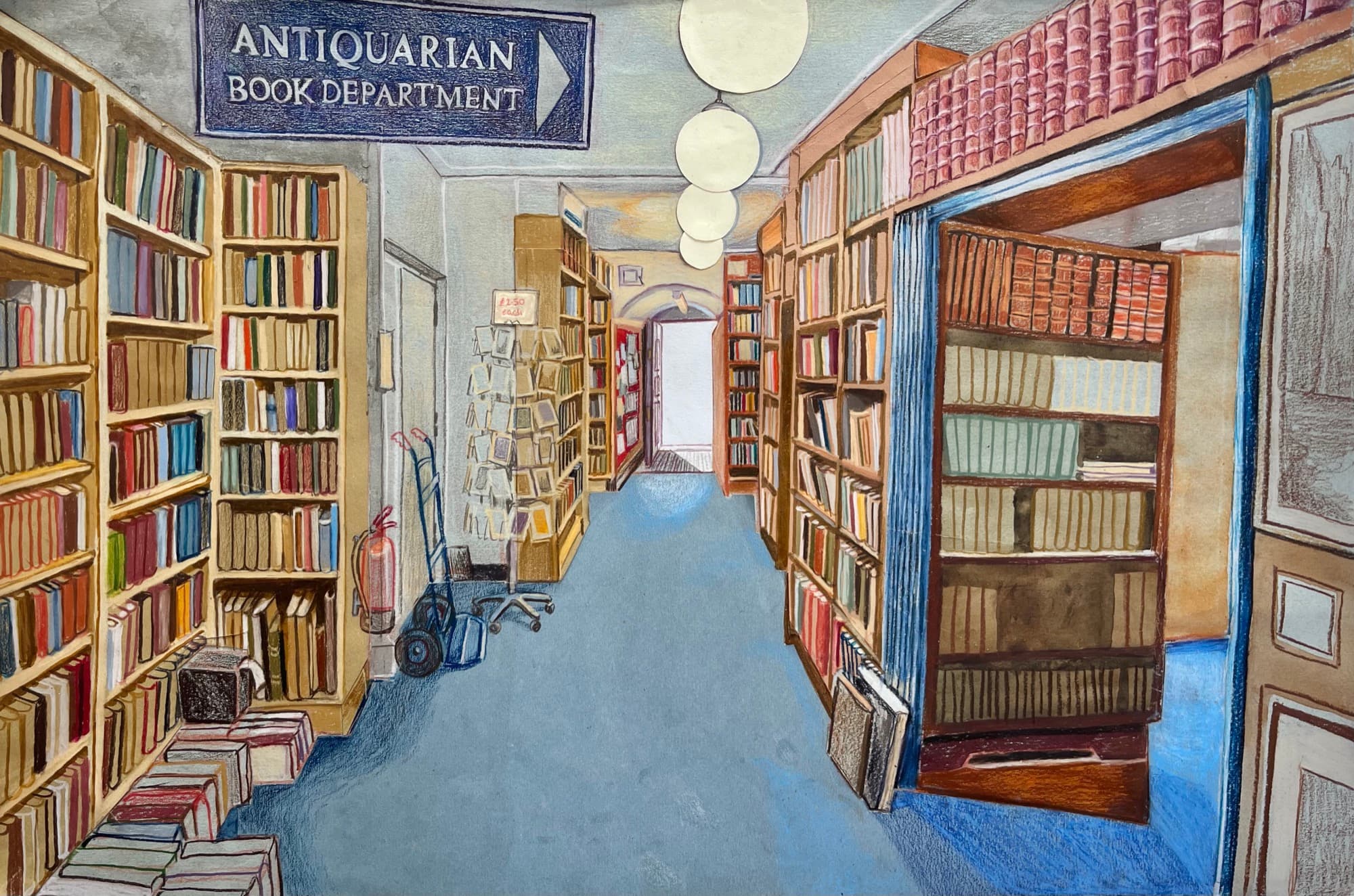 Part of a series of drawings of rooms in local independent libraries in Cambridge