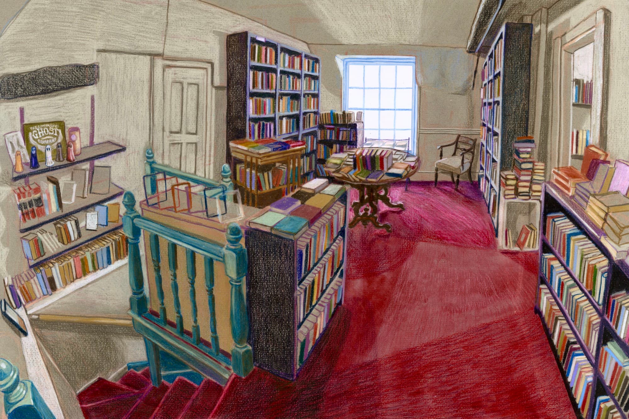 Part of a series of drawings of rooms in local independent libraries in Cambridge