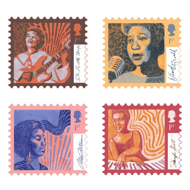 Set of stamps celebrating black female jazz musicians